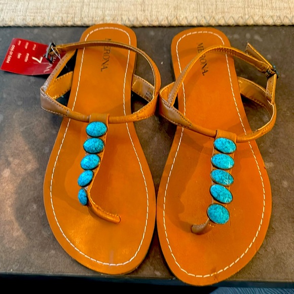 Brand new Sandals with faux aquamarine stones along thong. Size 7 women’s. - Picture 1 of 3